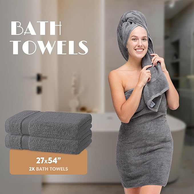 Gray Bath Towel Set of 6 - 100% Cotton Highly Absorbent Towels for Bathroom, 2 Luxury Bath Towels 650GSM, 2 Hand Towels, 2 Washcloths