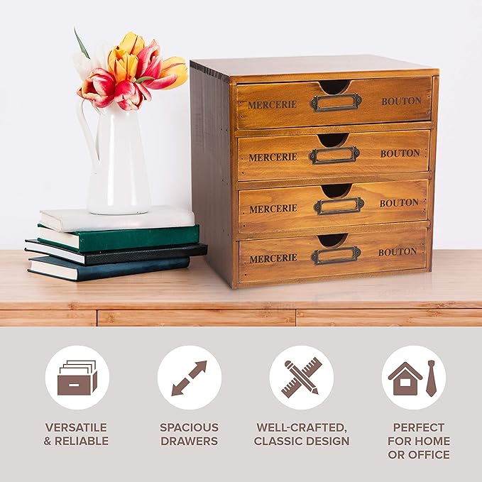 Modular Stackable Apothecary Cabinet 4 Drawer Desk Organizer - Retro Library Card Catalog Wood Storage Box - Organize Stationery, Thread Embroidery, Sewing, Crafts, Junk Drawer & Supplies Countertop