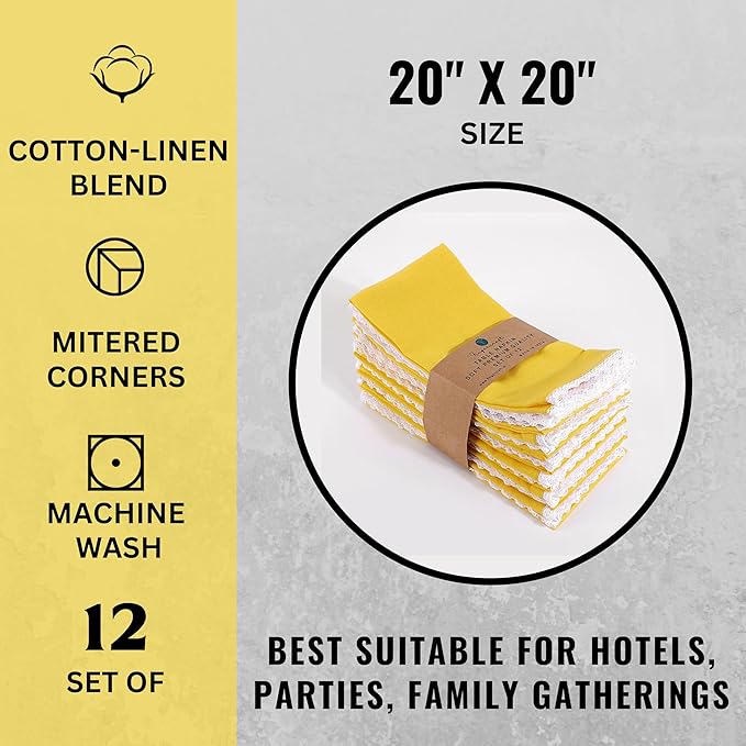 Fingercraft Dinner Cloth Napkin Cotton Linen Set of 12 Mitered Corners with Natural Elegant Lace for Everyday Use Napkins are Pre Shrunk and Good Absorbency with Lace 20x20 in Lemon Easter Color