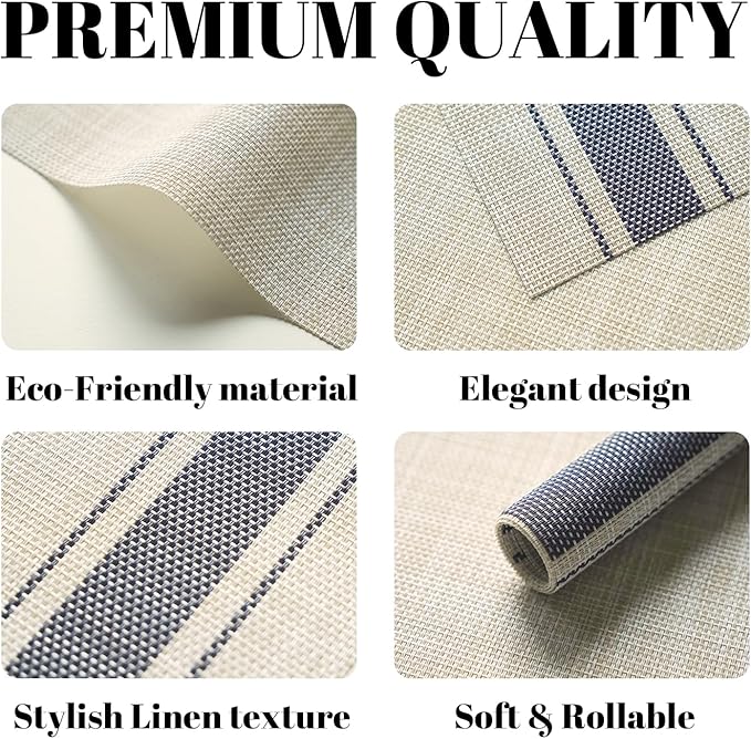 Placemats Set of 6 Vinyl/Plastic Woven Place Mats for Kitchen Table Indoor/Outdoor Washable Placemat Wipeable Dining Table Mats (Khaki Blue,6)