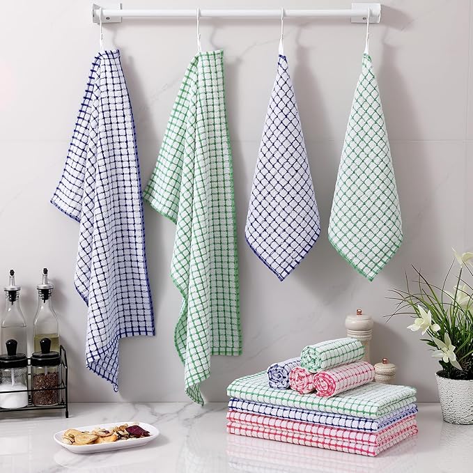 Homaxy Kitchen Towels and Dishcloths Set, 16 x 25 and 12 x 12 Inches, Set of 12 Cotton Terry Kitchen Dish Towels, Super Soft and Absorbent Dish Cloths, Red/Blue/Green