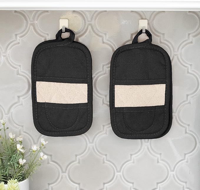 RITZ Premium Pot Holders & Heating Pads (4-Pack), 8.5" x 5.5", Heat Resistant, 100% Cotton Terry-Looped Pocket, Kitchen and Barbeque, Black