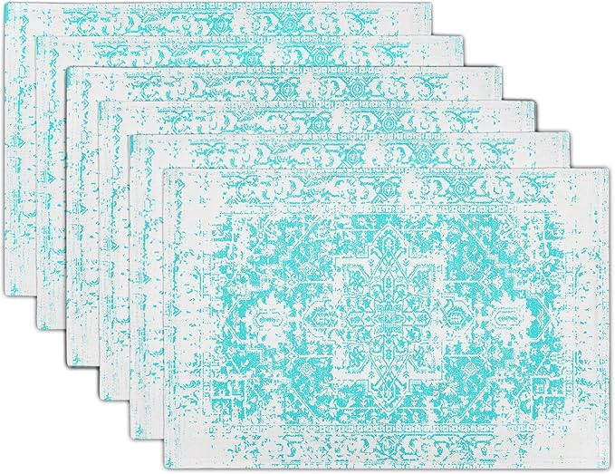 aportt Gray Aqua Turquoise Boho Placemats Set of 6 Ethnic Bohemian Carpet Place Mats Washable Kitchen Dining Vintage Grey Floral Linen Table Mats Stain Heat-Resistant for Home Party Indoor 12x18 in