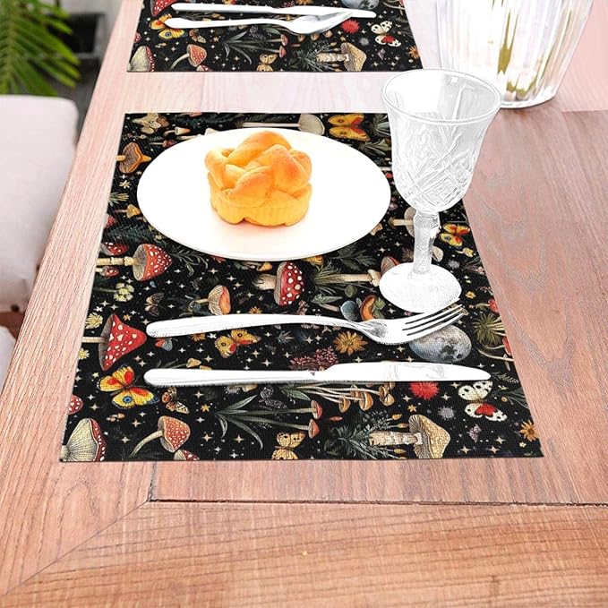 Black Mushroom and Butterfly Linen Placemats Set of 4, Heat Resistant Washable Table Mats for Kitchen Dining Table Party Holiday Outdoor Farmhous, Home Witchy Kitchen Decor, 12" x 18" Place Mats Black