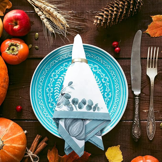 Qeeenar 12 Pcs Fall Cloth Napkin 20 x 20 Inch Blue Pumpkin Cloth Napkins Thanksgiving Autumn Harvest Pumpkin Buffalo Plaid Party Dinner Washable Decoration