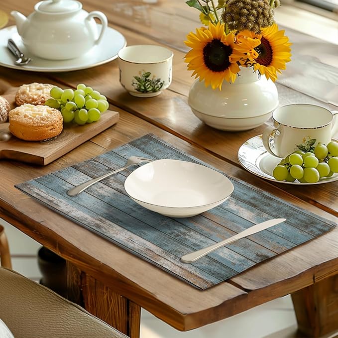 Rustic Wooden Board Print Placemats Set of 4 Vintage Wood Grain Texture Farmhouse Place Mats Washable Heat Resistant Non-Slip Linen Table Mats for Party Kitchen Dining Outdoor Indoor Decor