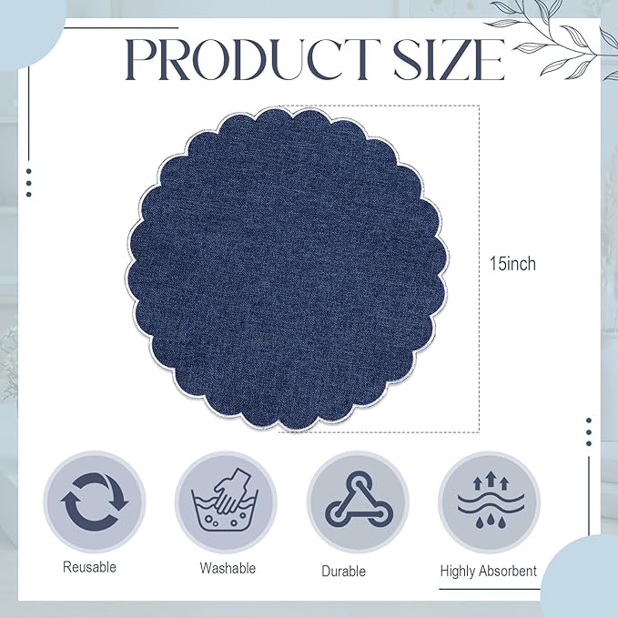 Set of 12 Navy Blue Cotton Placemats 15 Inch Round Scalloped Embroidery Placemats Washable Double Layered Rustic Table Mat Fabric Napkins for Wedding Table Decor