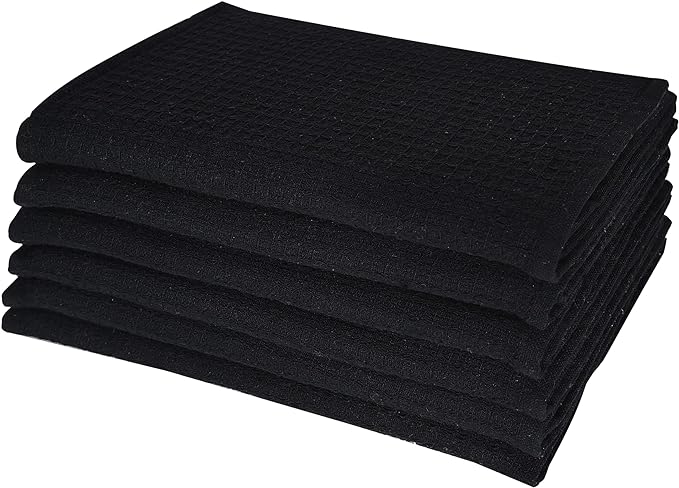 Dish Towels|Kitchen Dish Cloths Two-Sided Waffle Terry|13x28 Inches 100% Cotton Dish Rags Washing Dishes|Super Absorbent Reusable Quick Drying Dish Towels| 6-Pc Set Black
