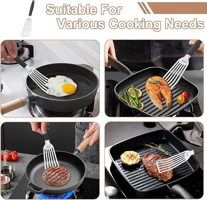 Beijiyi Fish Spatula, 11.7" Stainless Steel Slotted Turner with Silicone Handle, Metal Spatula for Cast Iron Skillet, Kitchen & Grilling Cooking Fish, Egg and Burger, Dishwasher Safe