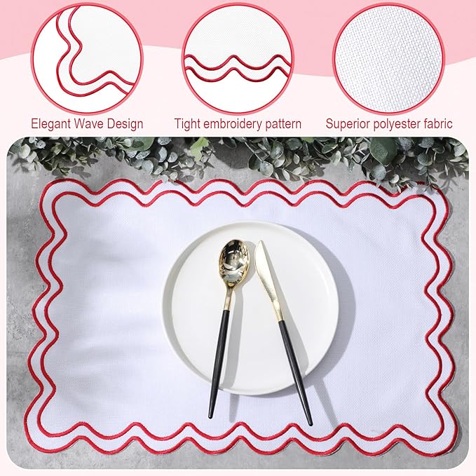 Linen Placemats Set of 12 Scalloped Placemat 13 X19 Wavy Embroidery Double Layered Washable Farmhouse Dinner Fabric Table Mat Napkin for Wedding Party Christmas Hotel Restaurant(White&red)