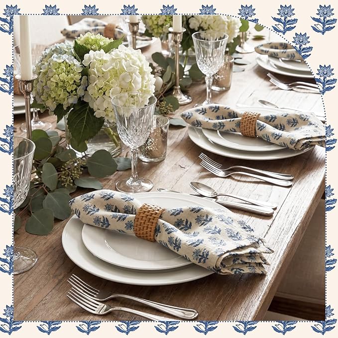 Mindsoft Set of 12 Floral Cloth Napkins Linen Cloth Napkins Spring Flower Wildflowers Dinner Napkin 18 x 18 Inch Vintage Washable Reusable for Dinner Home Restaurant Wedding Decor(Blue,12 Pcs)