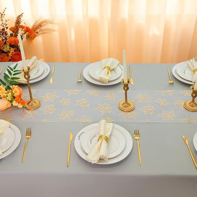 Snowkingdom 2 Pcs Gold Table Runner, Gold Maple Leaves Fall Thanksgiving Table Decorations for Autumn Harvest Sequin Glitter Lightweight White Thin Mesh Sparkle Farmhouse Dining Party Decor 120 Inch