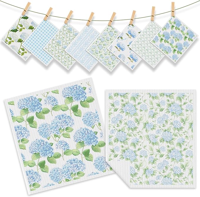 Tegeme 8 Pcs Blue Hydrangea Swedish Themed Dishcloth Spring Summer Watercolor Hydrangea Floral Kitchen Dish Towel Absorbent Cotton Reusable Towel for Home Party Housewarming Counter Wipe, 6.8 x 7.7''