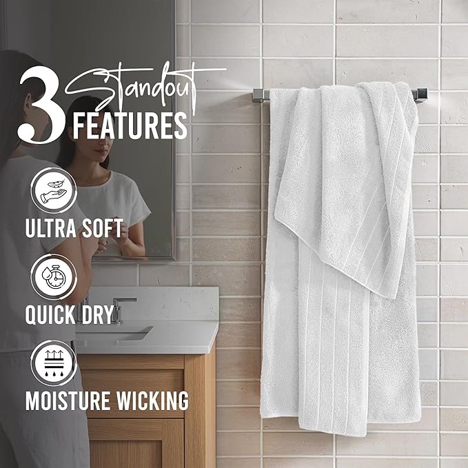 RIVERSIDE Pack of 4 Premium Extra Large White Bath Towels 30 x 60 Inches, 100% Cotton, Super Soft & Highly Absorbent, Larger & Lighter Weight, Quicker to Dry, Perfect for Bathroom