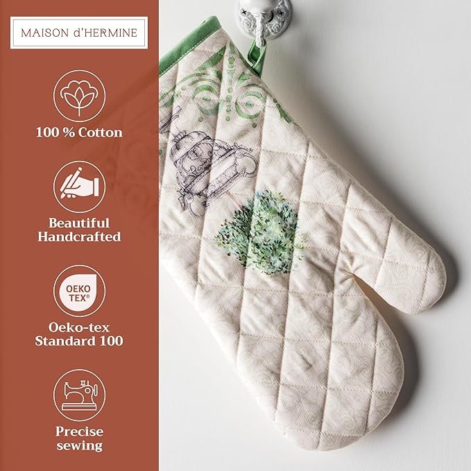 Maison d'Hermine Oven Gloves 100% Cotton Oven Mitt 7" x 13" with Loop Heat Resistant BBQ Cooking Gloves Baking Grilling Gifts for Mothers Day Spring/Summer (Pack of 1, Jardin Du Roy)