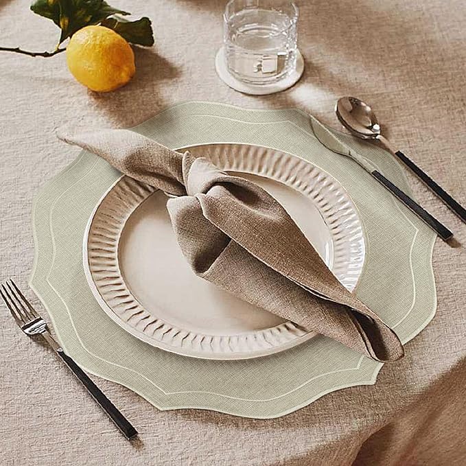 Set of 4 Cotton Linen Placemats, 15x15 Round Scalloped Cloth Table Mats, Embroidery Machine Washable, Wrinkle Resistance Fabric Place Mats for Wedding Summer Baby Shower Party Table Decor-Beige