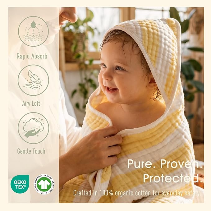 4-Pack Muslin Hooded Baby Bath Towel Set - 100% Organic Cotton, (2) 6-Layer 32x32 Towels & (2) Washcloths, Newborn & Infant Gift Set (Yellow Striped & White)