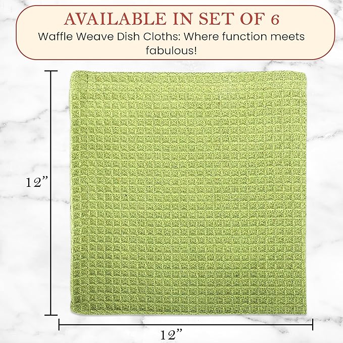 Vintage Vista 100% Cotton Waffle Dish Cloths (Pack of 6) - Dish Rags for Washing Dishes - Reusable & Highly Absorbent Kitchen Towels - Kitchen Rags fo Easter - (12" x 12" - Light Green)