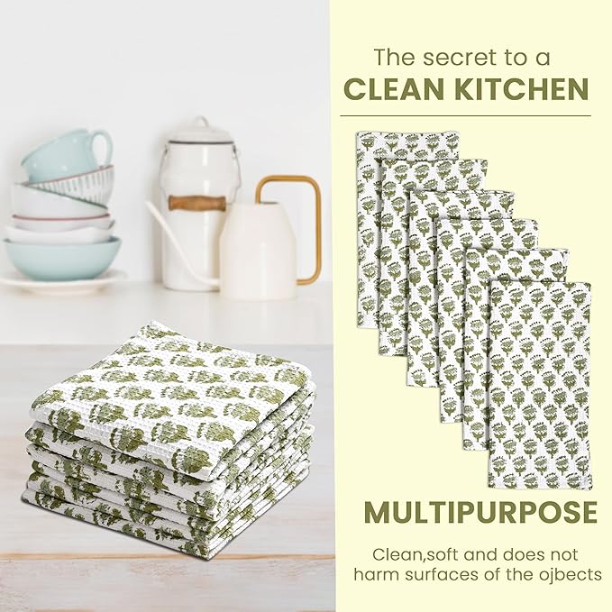 CPC Emerald Green Hand Block Printed Cotton Waffle Dish Cloth Set of 6-12x12 Inch Super Absorbent, Soft, Reusable Kitchen Towels for Dish Drying & Cleaning Ideal for Spring, Mother's Day