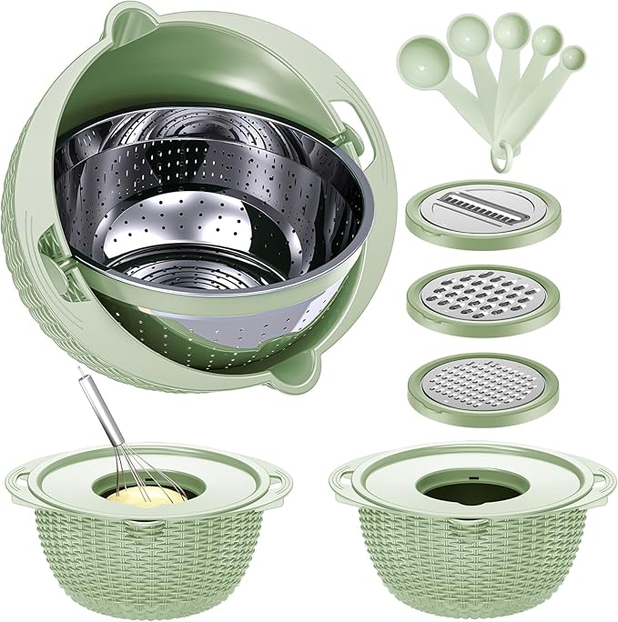 4-1 Strainer with Bowl & Spoons Set - Strainers and Colanders - Colanders for kitchen(Patented) - Pasta Strainer with Upgraded Graters & Spoons for Fruit Veggie Kitchen Essentials, Green