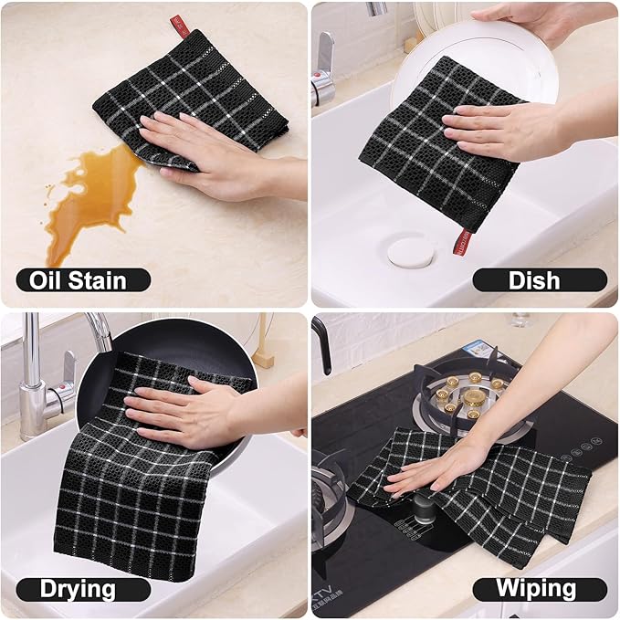 Homaxy 100% Cotton Kitchen Towels 8 Pack-15 X 25 Inches, Check Design Waffle Weave Hand Tea Towels, Super Soft and Absorbent Dish Towel for Drying Dishes, Black&White
