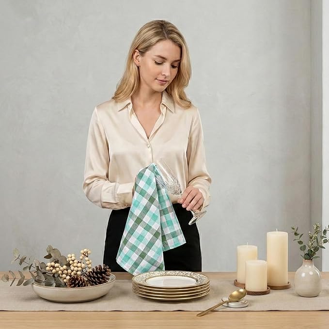 Gingham Check Cloth Napkins 12 Pack, 18x18 Inch, Reusable Dinner Table Linens, Washable Fabric Napkins for Entertaining, Celebrations, Formal Meals - Mint Green, Aqua Green, White