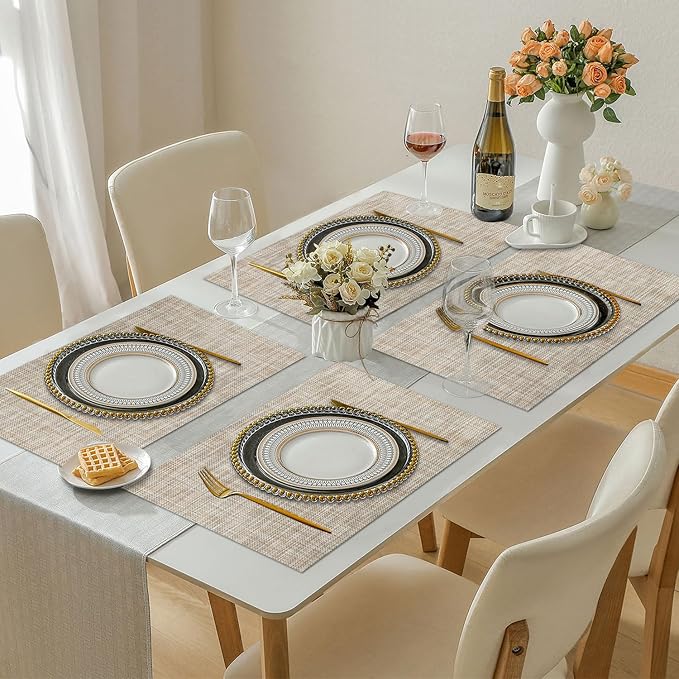 Vinyl Placemats Set of 6, PVC Woven Washable Non-Slip Table Mats, Heat Resistant Wrinkle Free Place Mats for Dining Table, Easy to Clean (6, Caramel)