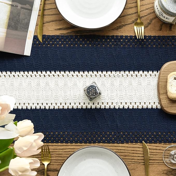 Artoid Mode Dark Blue Farmhouse Rustic Table Runner, Seasonal Hollow Kitchen Dining Table Decoration for Home Party Decor 12x72 Inch
