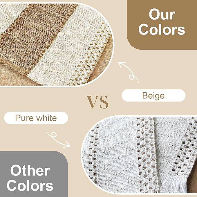 FEXIA Boho Placemats Set of 6, Macrame Table Decor Farmhouse Style Placemats in Natural Cotton Burlap, for Kitchen and Dining Table Centerpiece Home Decorations（Beige & Brown）
