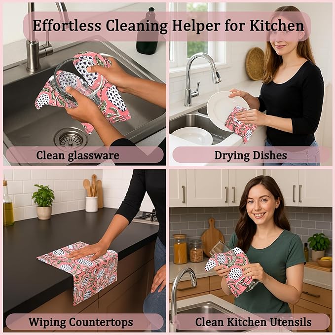 Ridhi Dark Salmon Pink Hand Block Print Cotton Waffle Dish Cloth Set of 12-12x12 Inch Super Absorbent, Soft, Reusable Kitchen Towels for Dish Drying Cleaning, Ideal for Spring, Easter, Valentine