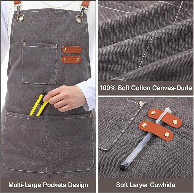 Toulite 4 Pack Canvas Chef Apron for Men with Adjustable Strap Cross Back Cotton Barber Apron with Pocket, 26 x 30''