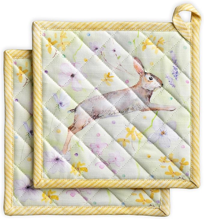 Maison d' Hermine Pot Holders 100% Cotton Heat Resistant Potholders 8" x 8" Hot Pads with Loop BBQ Cooking Baking Gifts for Mothers Day Handling Hot Pans Spring/Summer (Pack of 2, Easter Zest)