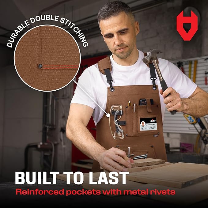 NoCry Woodworking Apron for Men — Reinforced Pockets with Metal Rivets, Magnetic Holder & Leather Tool Loops — Shop Aprons for Men with Cross-Back Straps, Non-Slip Shoulder Pads & Quick-Release Buckle
