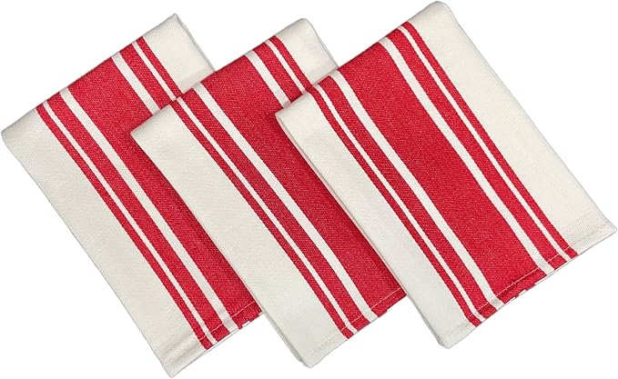 Kitchen Towels Set – Pack of 3 (20’’ x 30’’) Extra Large Premium Cotton Dish Towels for Kitchen – Super Striped Towels – Absorbent – 100% Cotton – Hanging Loop – Red