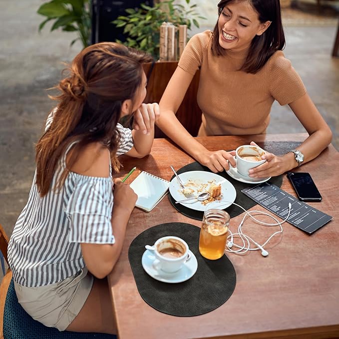 ADRIMER Placemats, Heat Resistant Oval Placemats Set of 12 Washable 12 x 17 Inch, Waterproof Table Mats, Wipeable Pu Place Mats for Kitchen, Dark Grey