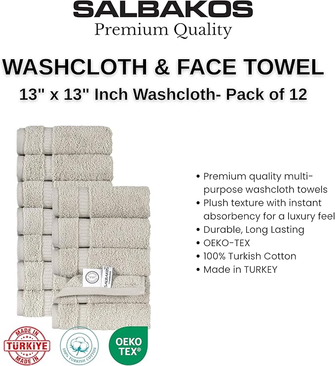 SALBAKOS 100% Turkish Cotton Washcloth Set of 12, 13x13 inch | Premium Quality | Hotel & Spa Collection | Ultra Soft, Super Absorbent, Wash Cloth Towels | Made in Turkey (Stone, 12 Washcloths)