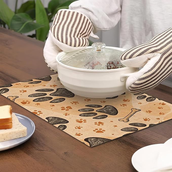 Dog Paws Placemats Set of 6,Bones Table Mates Non-Slip Heat Resistant Washable Linen Place Mats for Party Kitchen Dining Decoration Indoor Outdoor 12"x18"