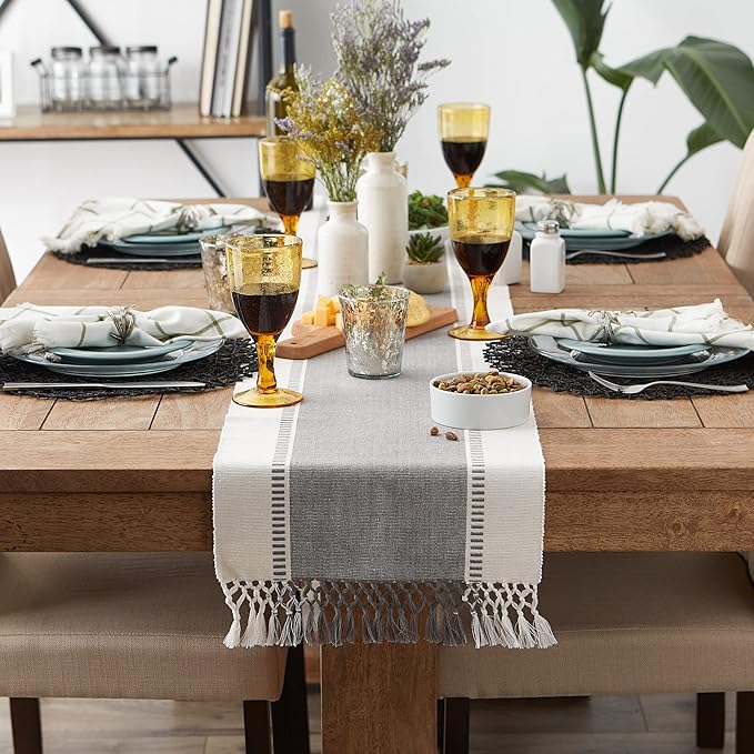 DII Dobby Stripe Woven Table Runner, 13x108 (13x113.5, Fringe Included), Cool Gray