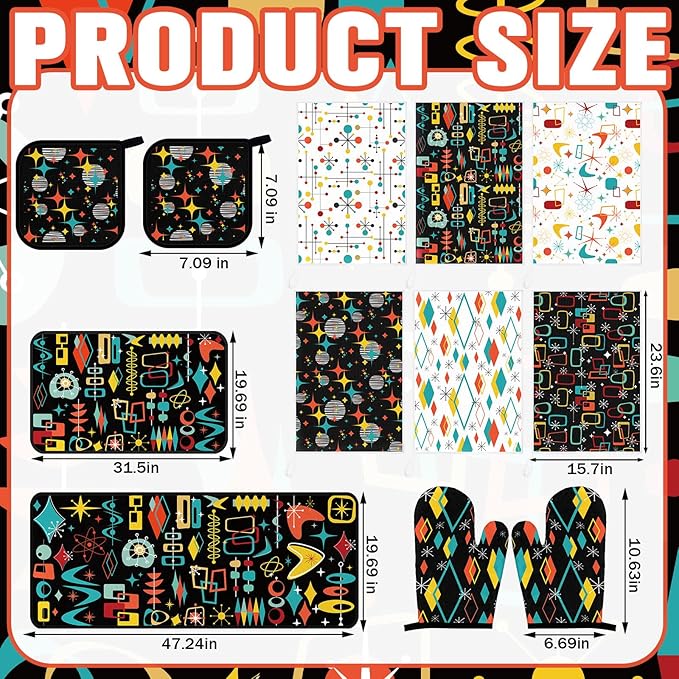Fourluoo 12 Pcs Retro Kitchen Decor Mid Century Oven Mitts and Pot Holders Set Mid Century Kitchen Dish Towels Vintage Abstract Geometric Potholders Rugs Mats for Black White Baking Cooking BBQ Gift