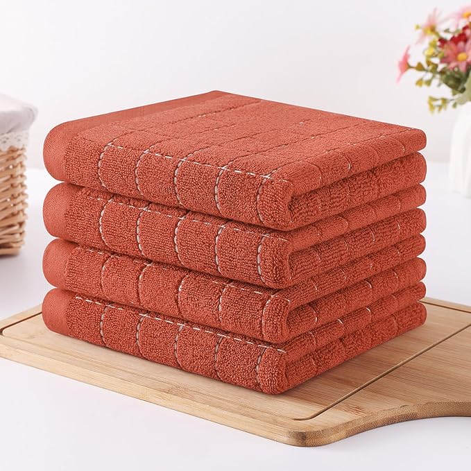 Homaxy 100% Cotton Terry Kitchen Towels(Rust, 13 x 28 inches), Checkered Designed, Soft and Super Absorbent Dish Towels, 12 Pack