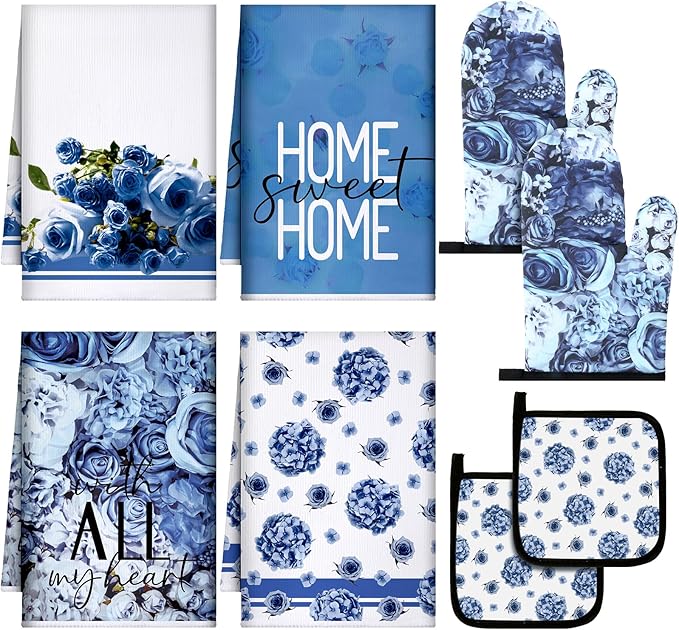 Leinuosen 8 Pcs Blue Rose Kitchen Towels and Dishcloths Sets Oven Mitts and Pot Holders Sets Absorbent Kitchen Gloves Potholders Heat Resistant for Chef Baking Cooking