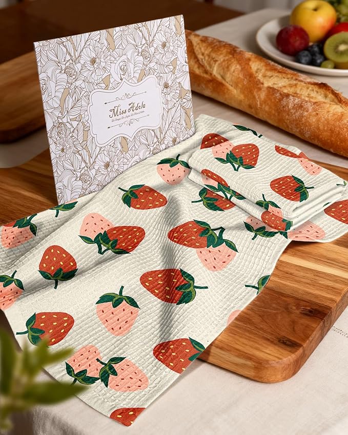 Miss Adola Cotton Waffle Kitchen Towels - Cute 370 GSM 16x25 Inch Terry Cloth Waffle Decorative Dishcloth for Kitchen Set of 2 with Hanging Loop Absorbent Hand Tea Towel for Home Design, Strawberry