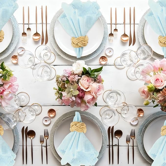 Cotton Blend Fringe Cloth Napkins - Crinkle Gauze Dinner Napkins, Reusable & Washable Table Napkins, 17" x 17" (43 x 43 cm), Multiple Colors, 12/24/48/100 Pack (12, Light Blue)