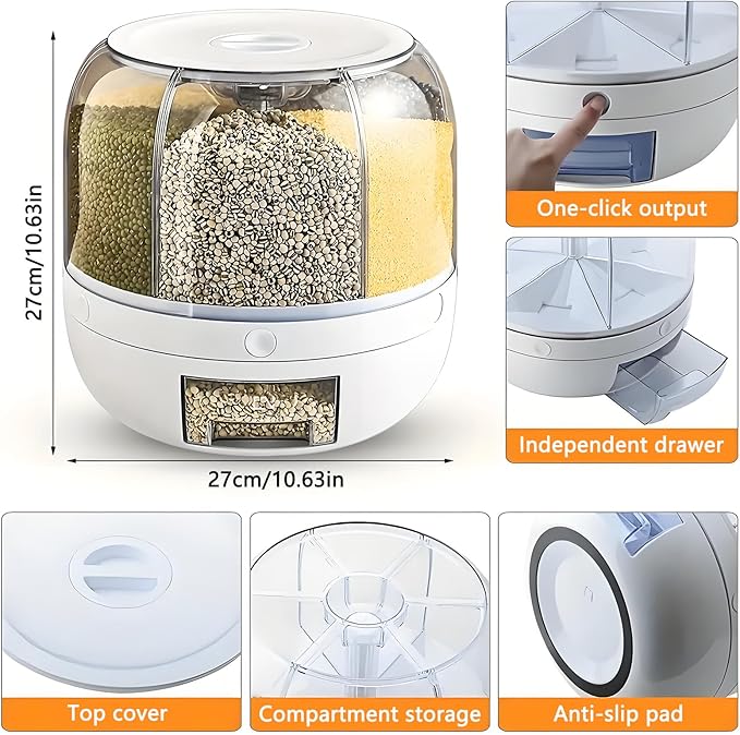 Rotating Grain Storage Bin 6 Grids Rice Container One-Click Output Large Capacity Food Dispenser For Rice Grains Sealed Moisture Proof Organizer (Large)