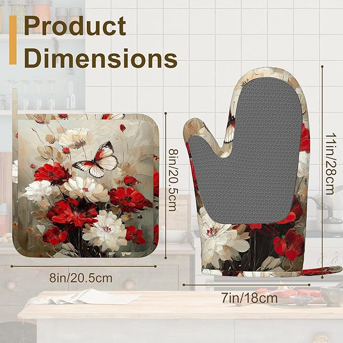 Oven Mitts and Pot Holders White Red Flower Silicone Kitchen Accessories Set of 4 Heat Resistant Gloves Butterfly Potholder Non-Slip Grip for Chef Cooking Baking Grilling BBQ