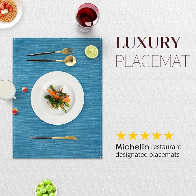 Blue Placemats Set of 4, 12x18 Inch Heat-Resistant Washable Easy to Clean Place Mats, Faux Linen Cloth Table Mats Suitable for Indoor/Outdoor Parties & Kitchen Decor (Blue)