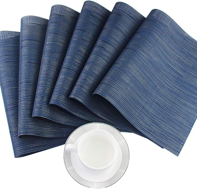 PIGCHCY Placemats,Washable Durable Durable Woven Vinyl Placemats for Dining Table,Heat Resistant Plastic Placemats Set of 6 (18 x 12 inches,Midnight Blue)