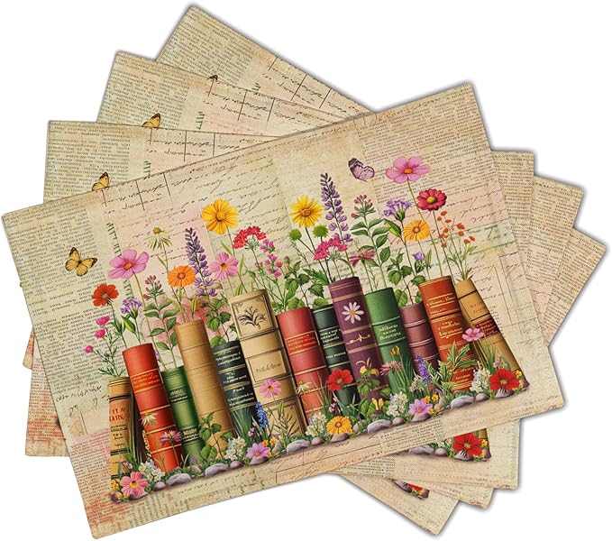 Vintage Books Linen Placemat Set of 4 Decoration Printed Place Mat for Home Table Decor