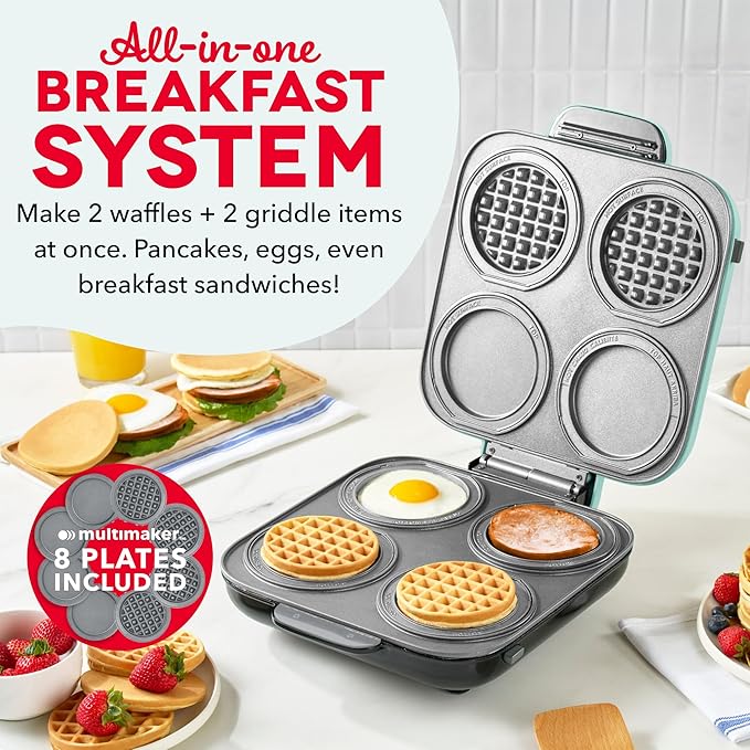 Dash MultiMaker® Family Mini Maker System - Dual Ceramic Nonstick Cooking Surfaces - Built-In Cord Wrap - Makes 4-Inch Waffles - Aqua, 8 Plates