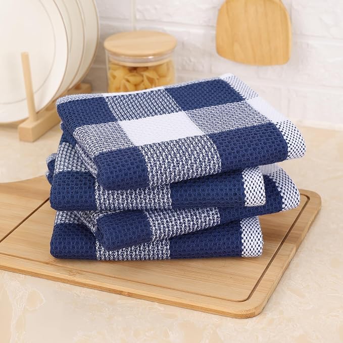 Mordimy 100% Cotton Waffle Weave Kitchen Towels, 13 x 28 Inches, Super Soft and Absorbent Buffalo Check Dish Towels for Drying Dishes, 4-Pack, White & Navy Blue